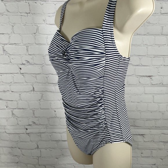 Nip Tuck One Piece Swimsuit Bathing Suit Navy White Stripes Multi Fit Cups US 8 - Picture 3 of 8